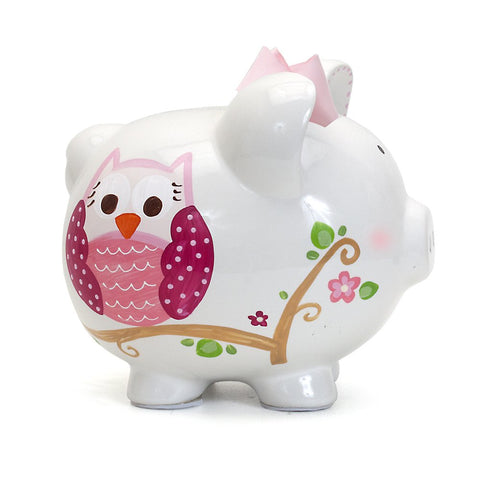 Large Pink Dotted Owl Pig Bank