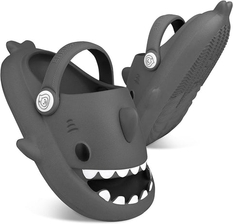 Kids Black Foam Shark Slippers w/ Strap